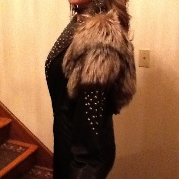 Studded Black Leather with Fox long coat to below the knee - Picture 4 of 4